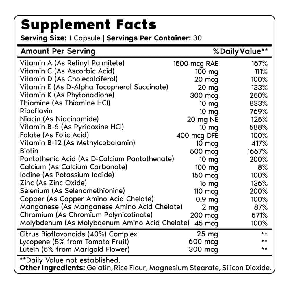 suplementos de multivitaminas primal harvest con tabla nutricional