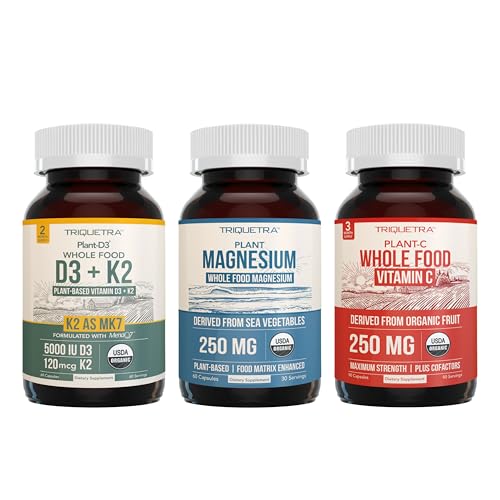 Paquete de suplementos veganos Magnesio D3 K2 Vitamina C en envases