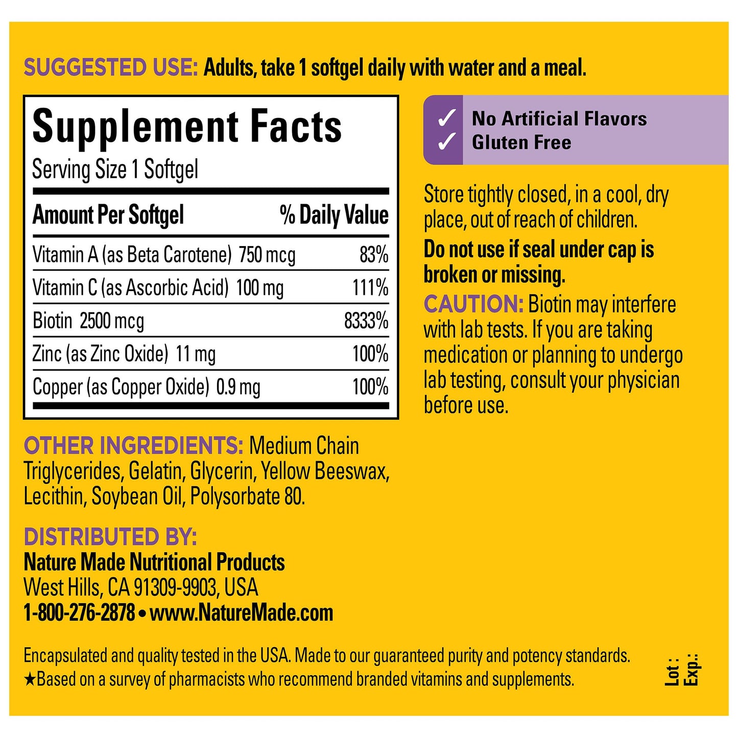 Supplements Nature Made para cabello piel uñas con biotina