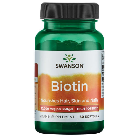 Frasco Swanson Biotina vitamina 10000 mcg 60 cápsulas blandas
