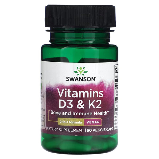 Swanson cápsulas vegetarianas vitamina d3 y k2 envase frontal