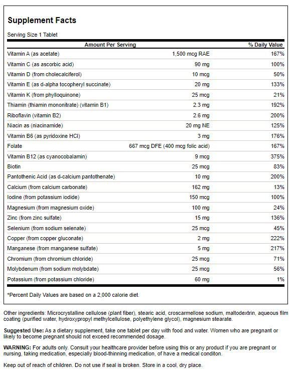 Tabla de nutrientes de Swanson multivitamínico sin hierro listado de componentes.