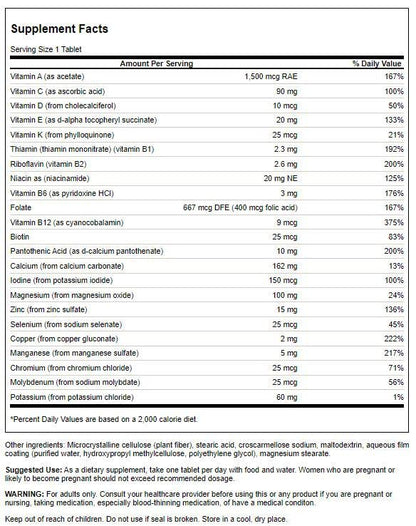 Tabla de nutrientes de Swanson multivitamínico sin hierro listado de componentes.