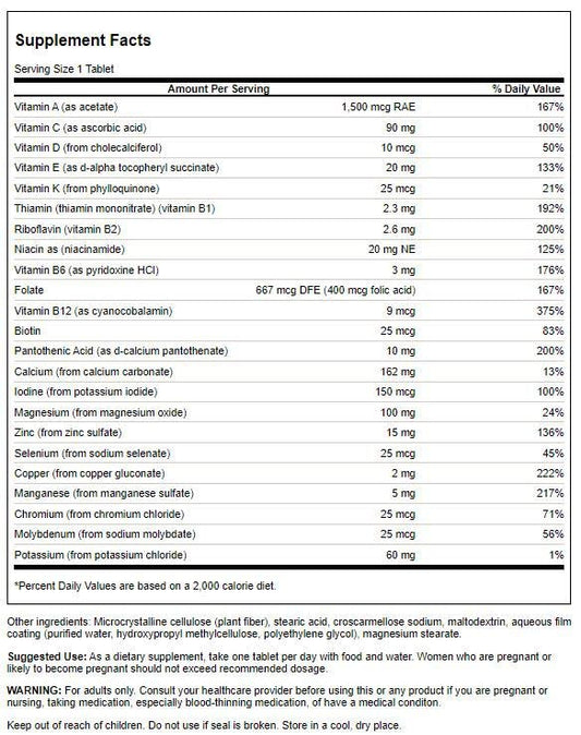 Tabla de nutrientes de Swanson multivitamínico sin hierro listado de componentes.