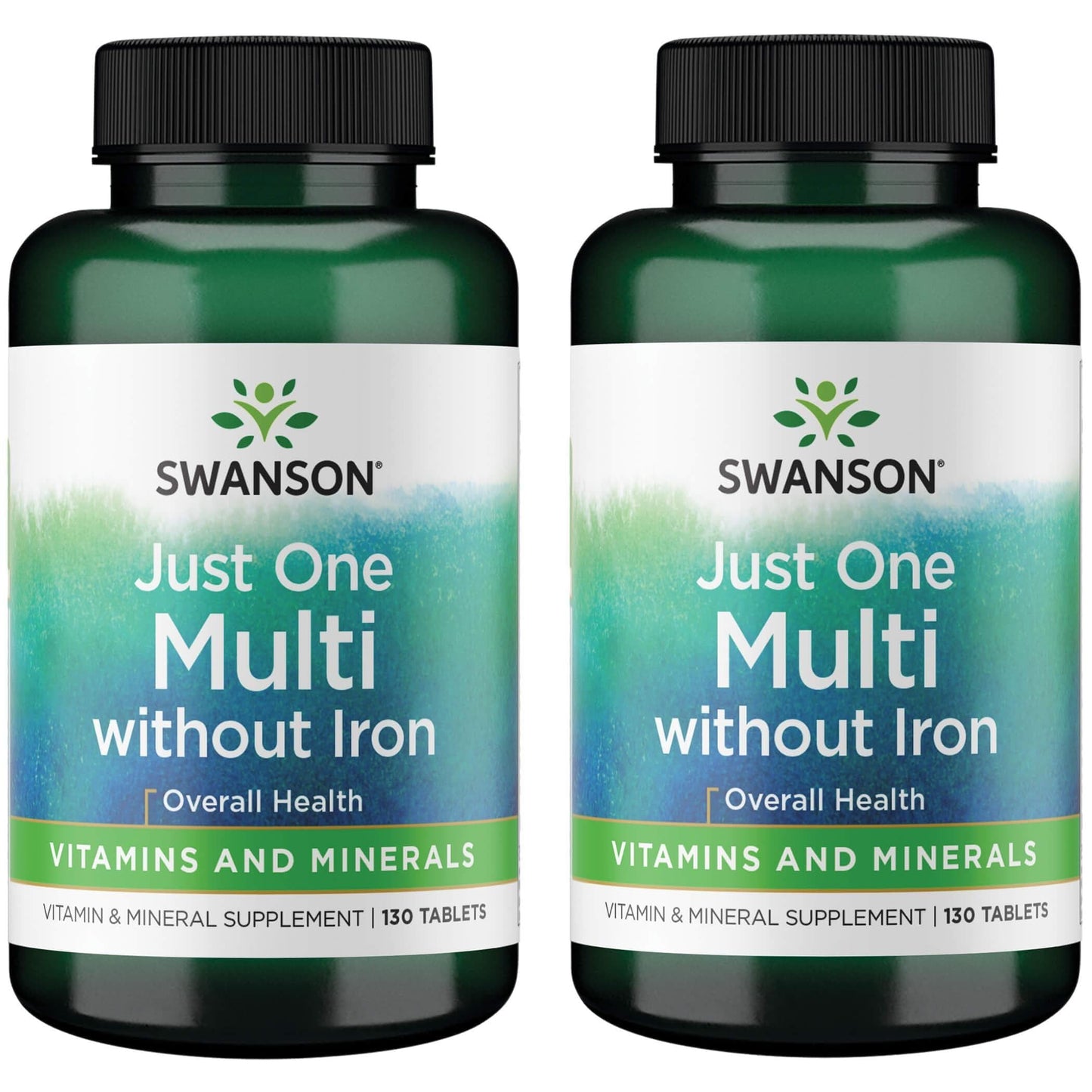 Dos botellas de Swanson multivitamínico sin hierro para salud diaria.