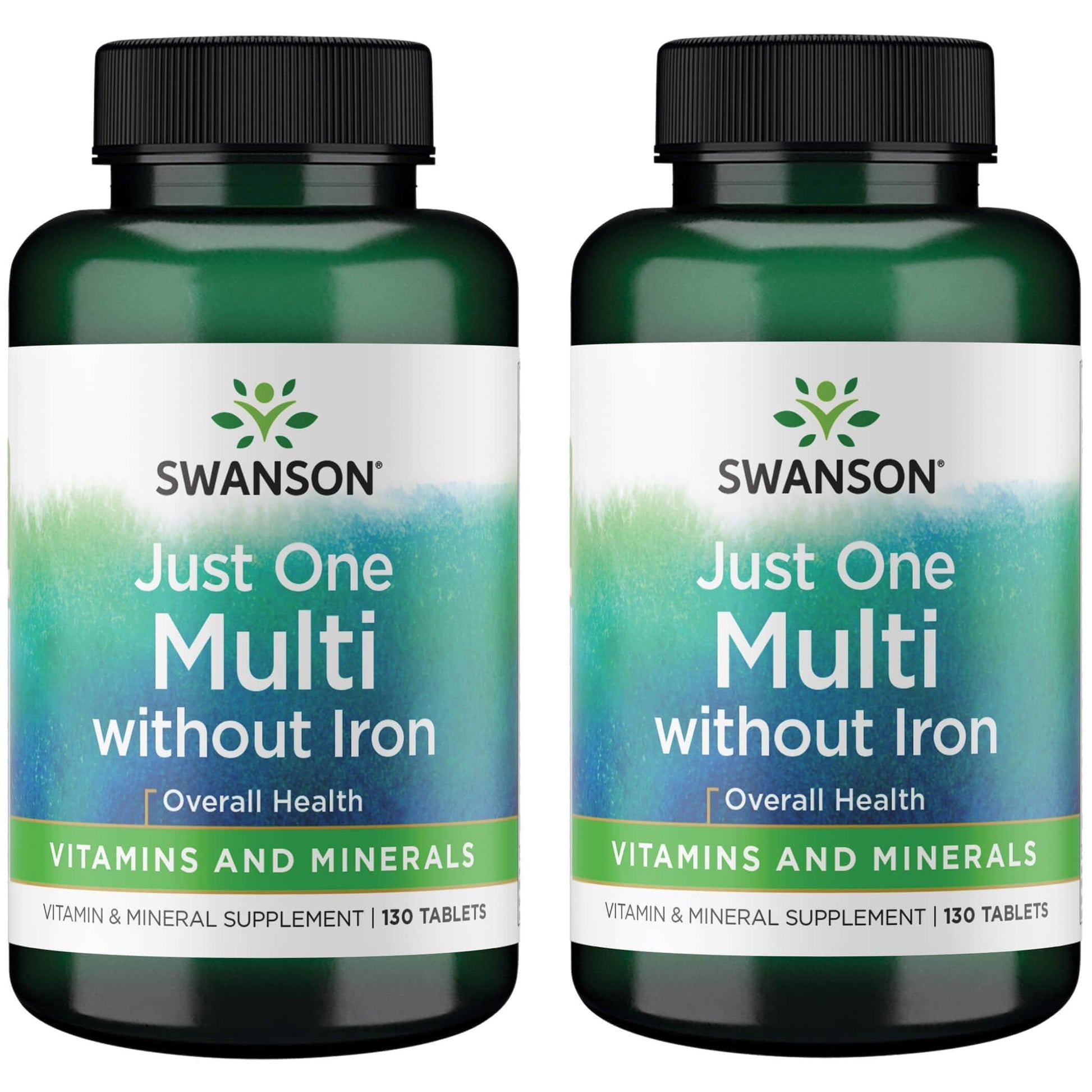 Dos botellas de Swanson multivitamínico sin hierro para salud diaria.