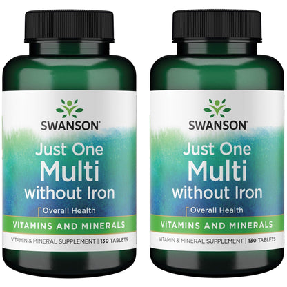 Dos botellas de Swanson multivitamínico sin hierro para salud diaria.