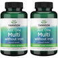 Dos botellas de Swanson multivitamínico sin hierro para salud diaria.