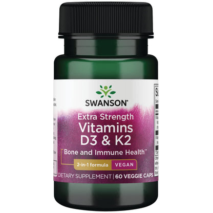 Envase de vitaminas D3 y K2 extra fuerte de Swanson 60 cápsulas veganas