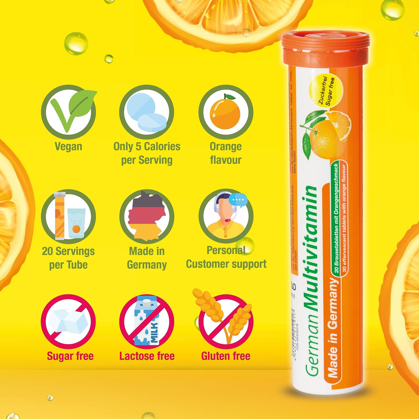 Tabla de beneficios multivitaminas T&D sabor naranja.