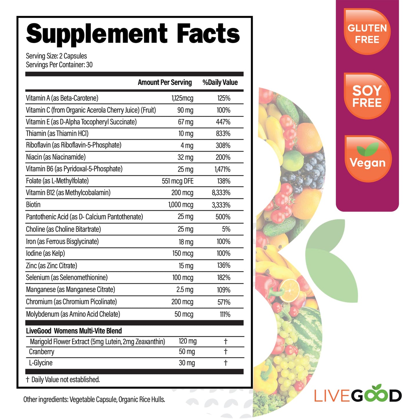 Tabla de componentes del multivitamínico LIVEGOOD