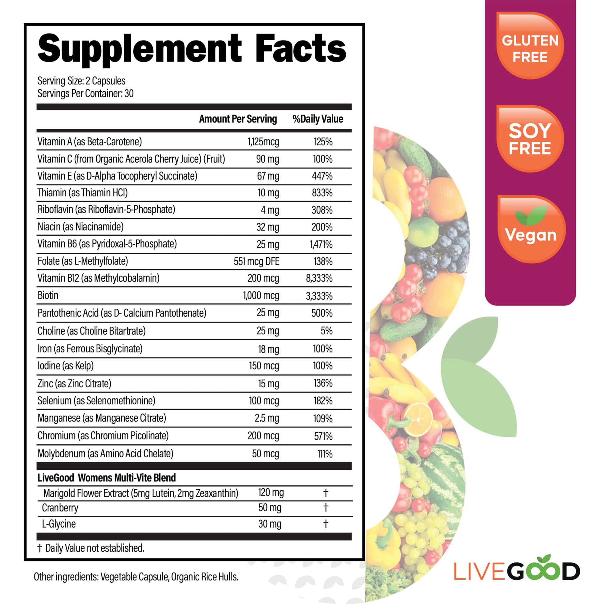 Tabla de componentes del multivitamínico LIVEGOOD