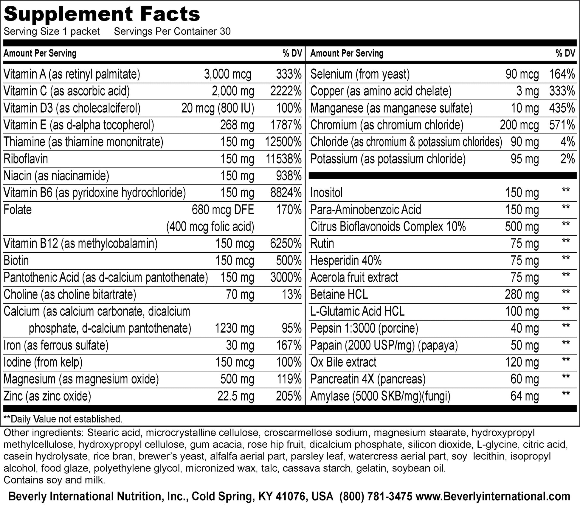 Tabla de contenido nutricional de Super Pak multivitamínico