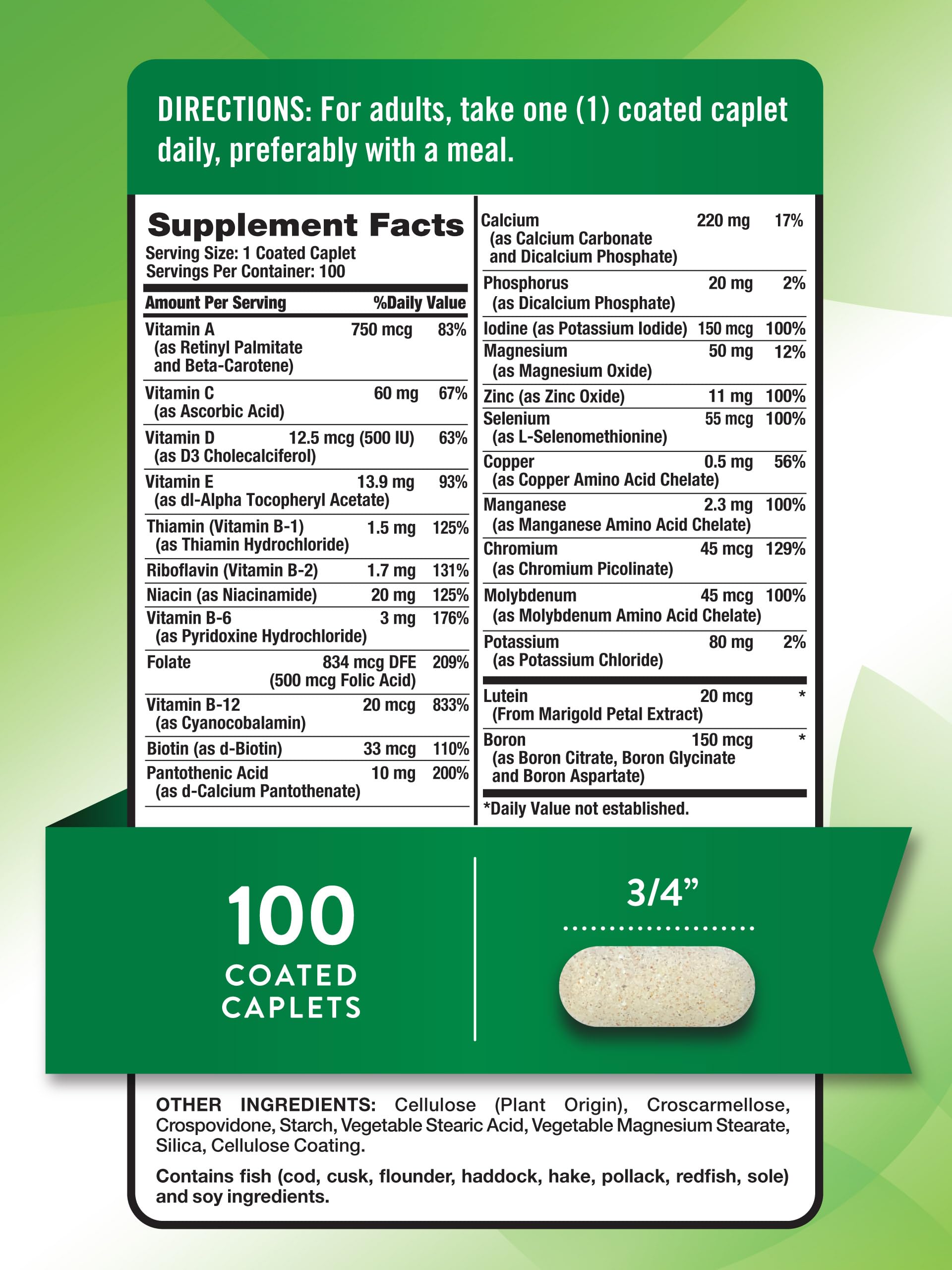 Tabla de hechos suplementarios para multivitaminas adultos 50+.