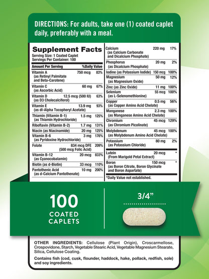 Tabla de hechos suplementarios para multivitaminas adultos 50+.