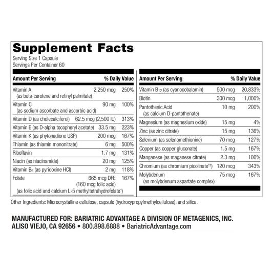 Tabla de información nutricional multivitamínico ADEK