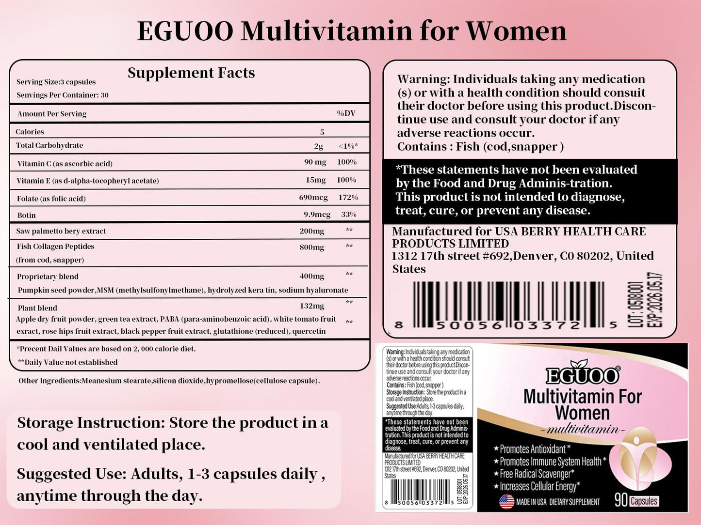 Tabla de información nutricional de multivitaminas EGUOO