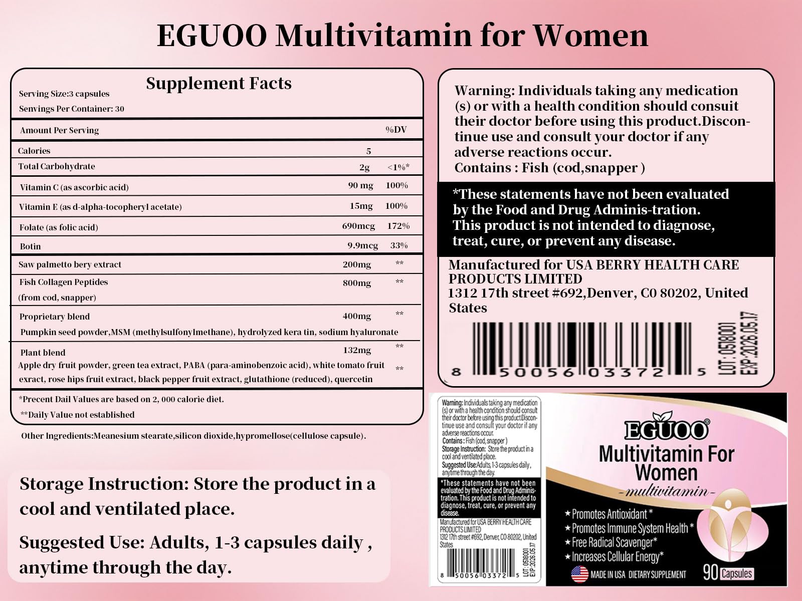 Tabla de información nutricional de multivitaminas EGUOO