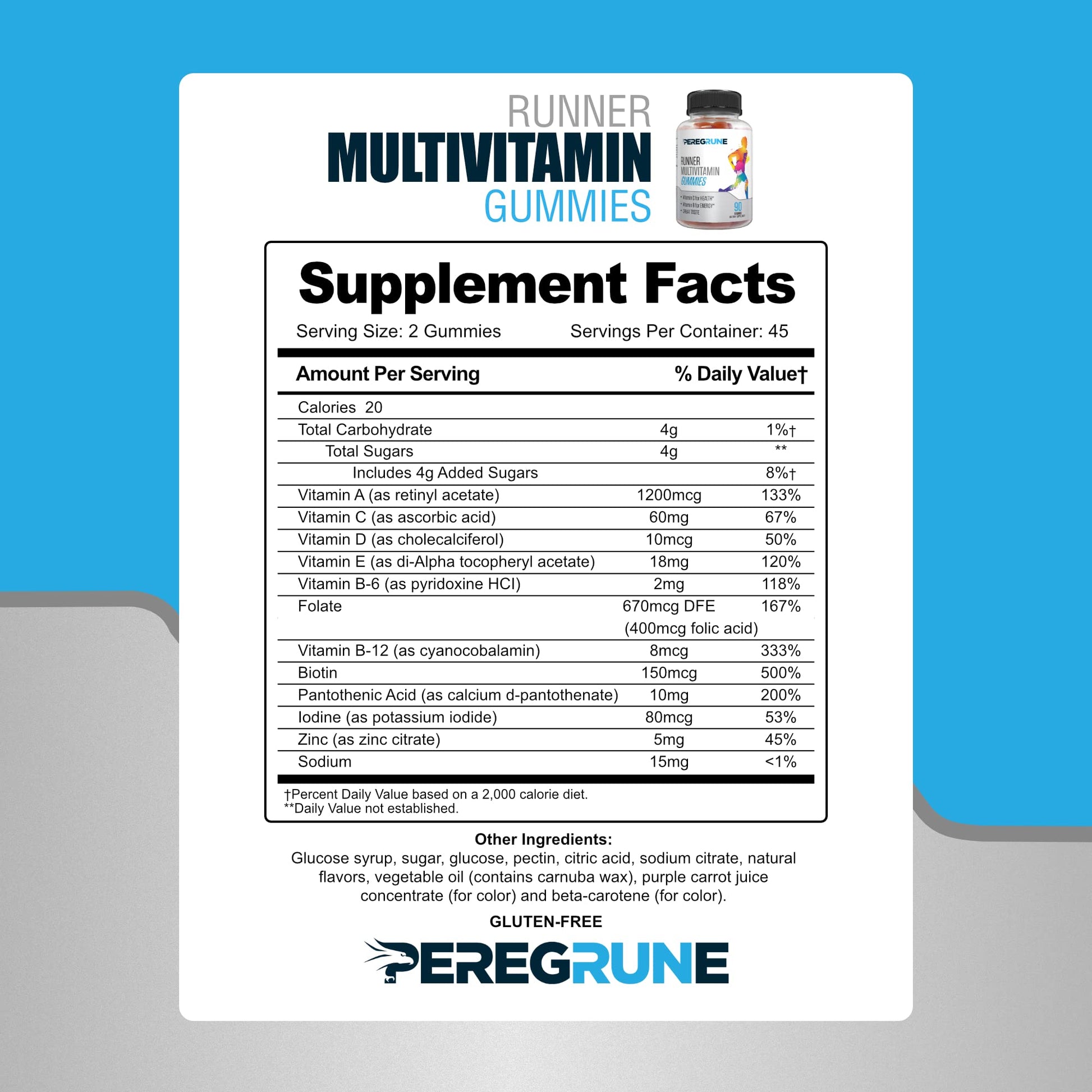Tabla de información nutricional de gomas multivitamínicas para corredores