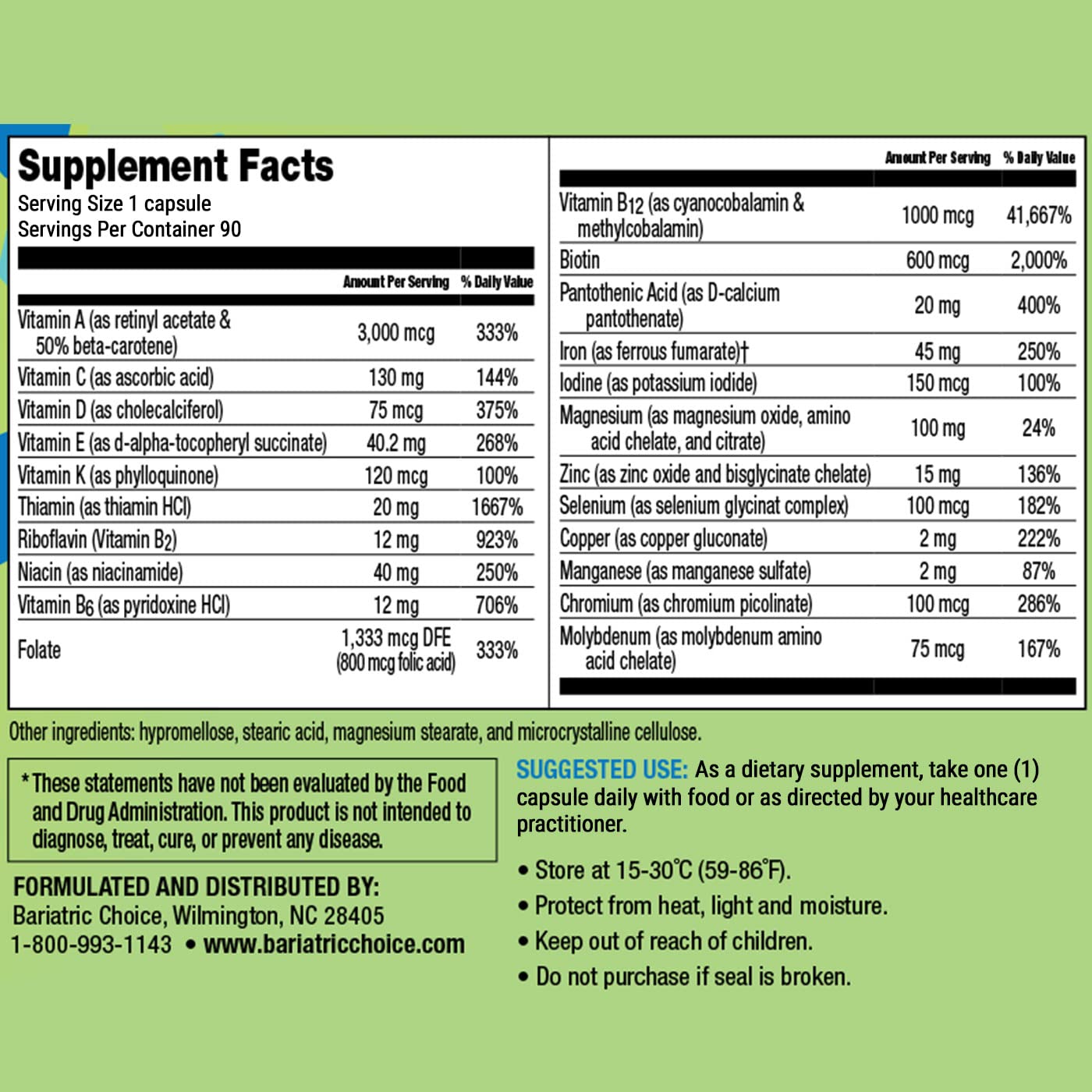 Tabla de Información Nutricional, Multivitamina Bariátrica