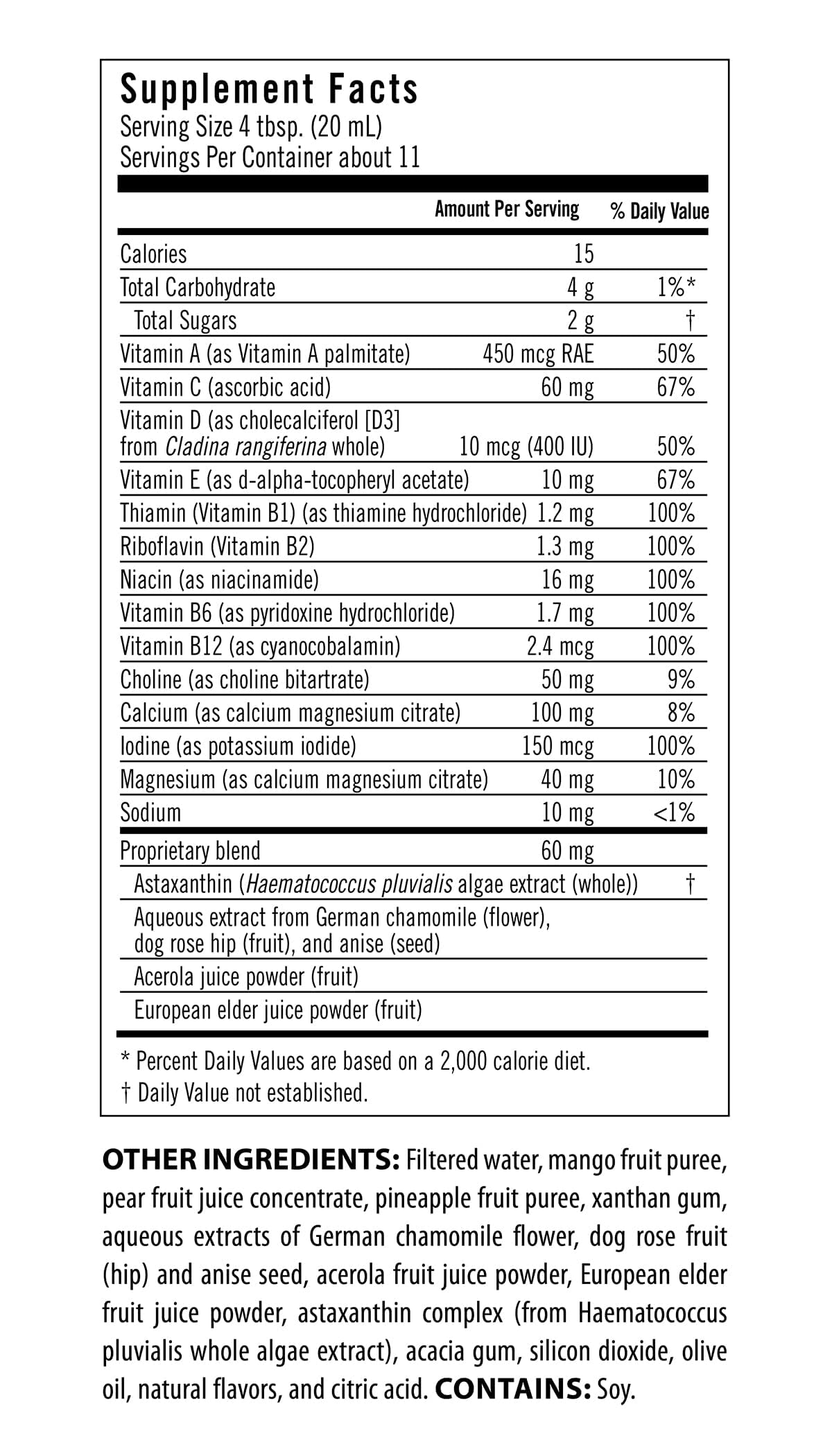 Tabla de información nutricional del multivitamínico Flora