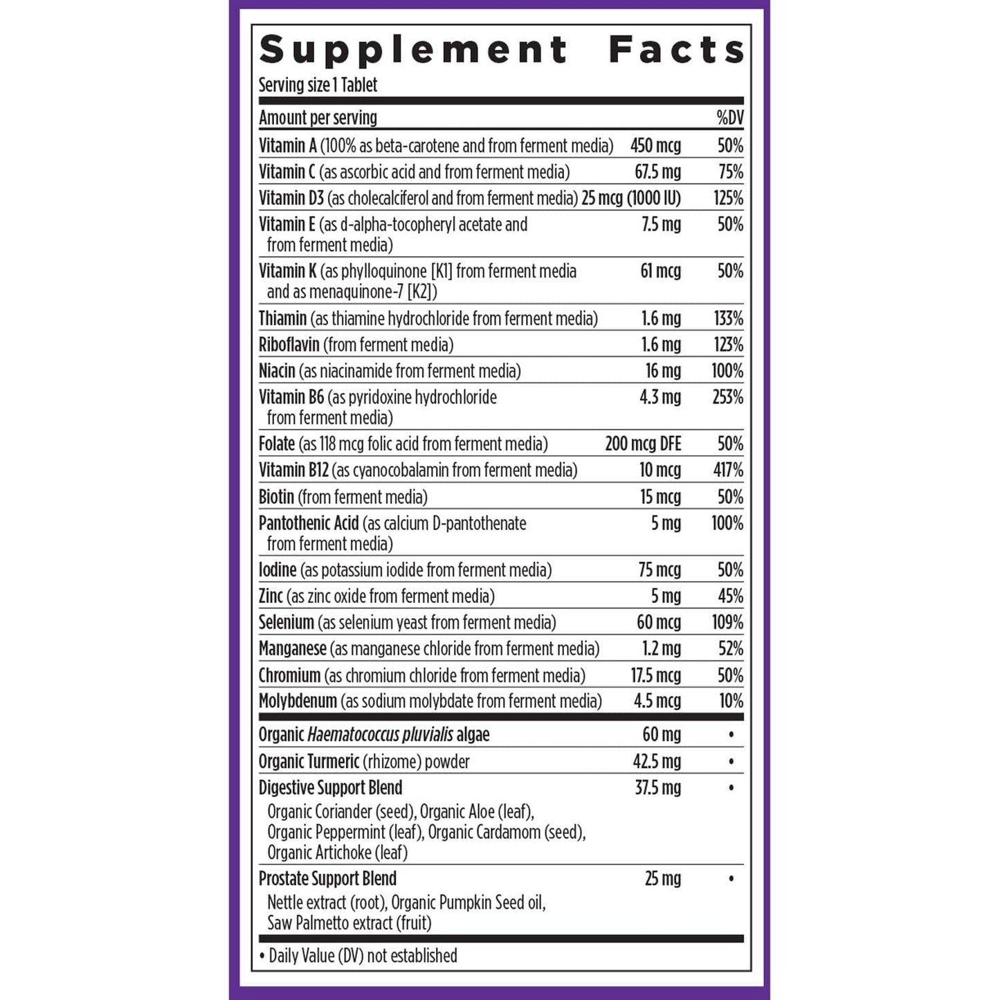 Tabla de información nutricional del New Chapter