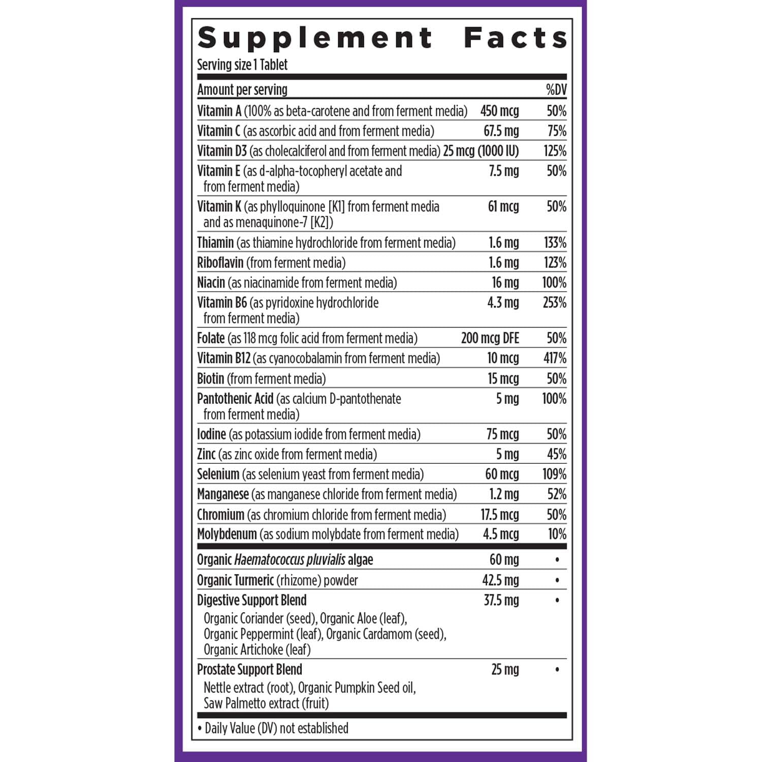 Tabla de información nutricional del New Chapter