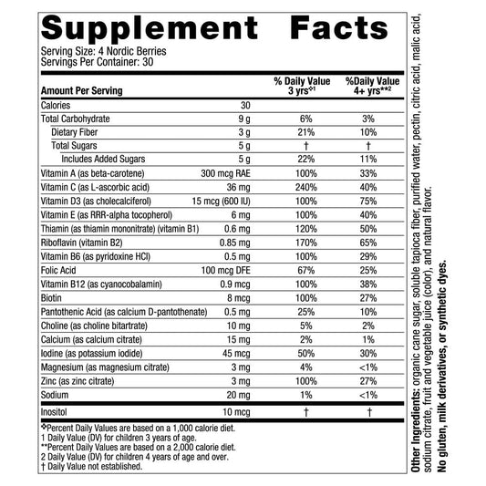 Tabla de información nutricional de Nordic Berries