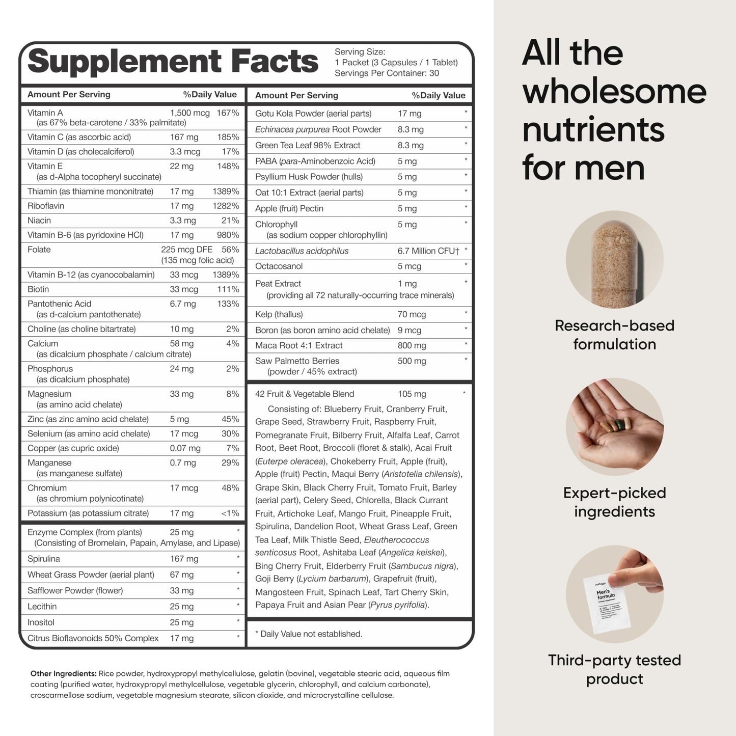 Tabla de información nutricional del suplemento meOrigin
