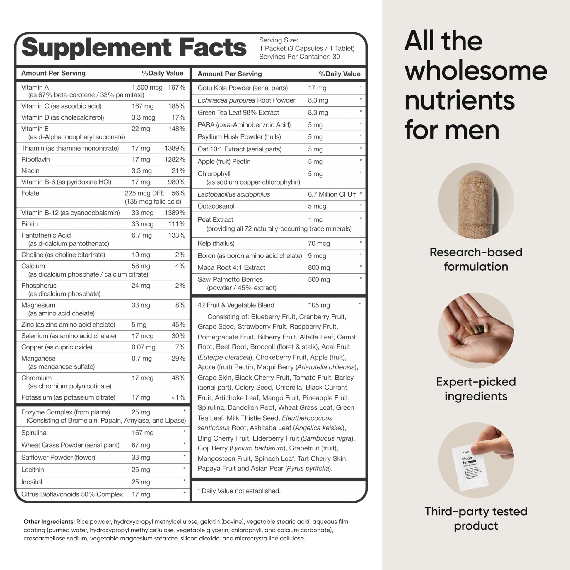 Tabla de información nutricional del suplemento meOrigin