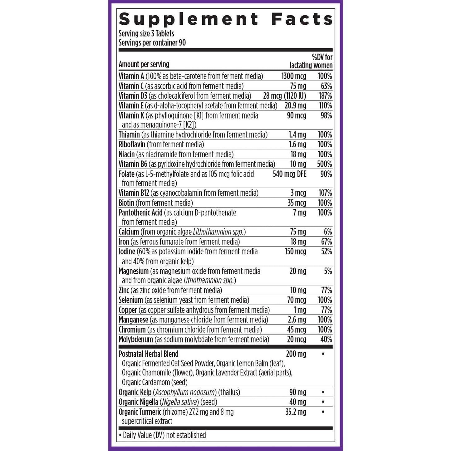 Tabla de información nutricional del suplemento