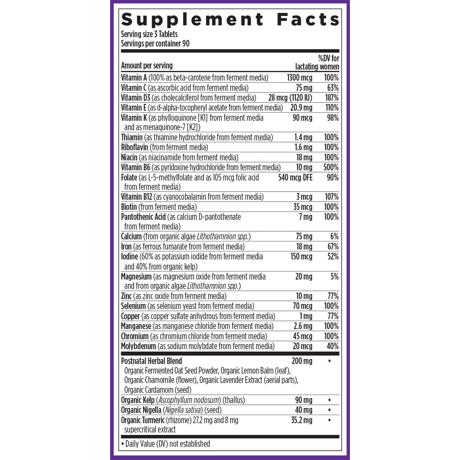 Tabla de información nutricional del suplemento