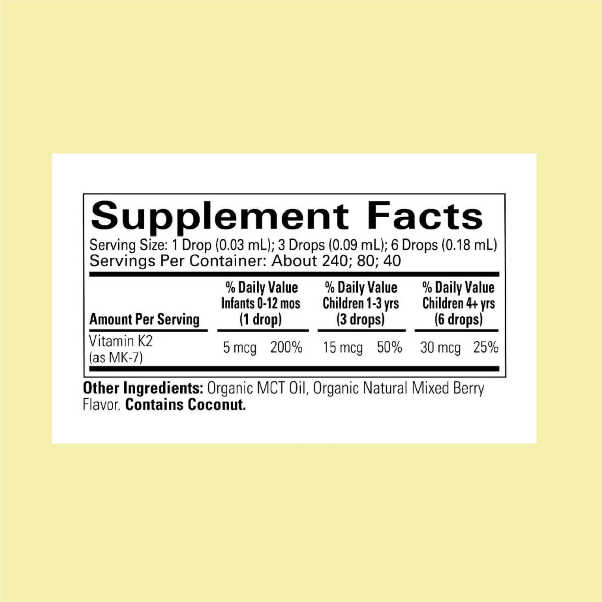 Tabla de información nutricional de vitamina K2 orgánica para niños.