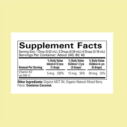 Tabla de información nutricional de vitamina K2 orgánica para niños.