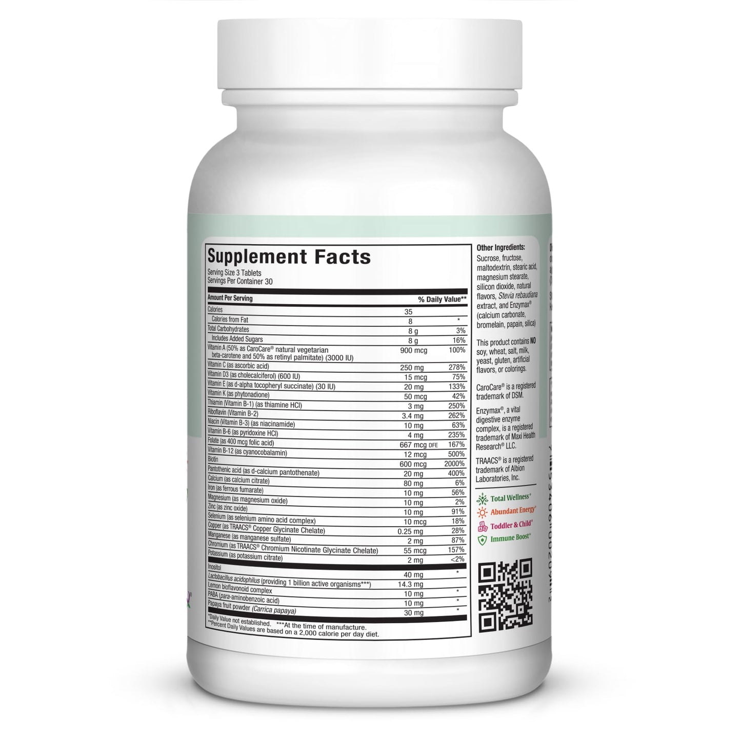 Tabla de ingredientes y porciones Maxi Health, vitaminas esenciales.