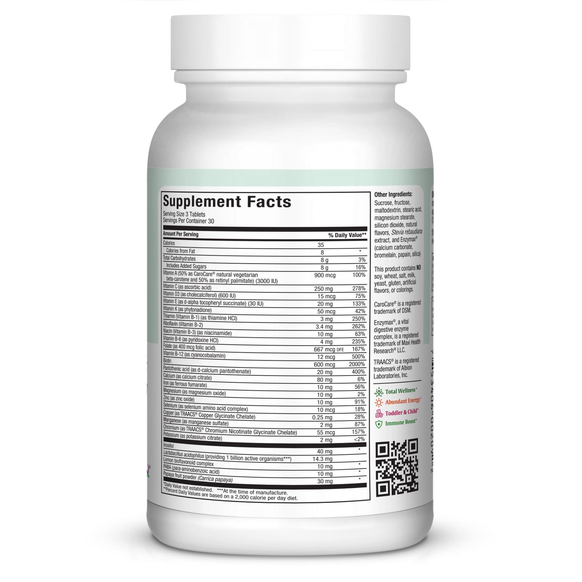 Tabla de ingredientes y porciones Maxi Health, vitaminas esenciales.