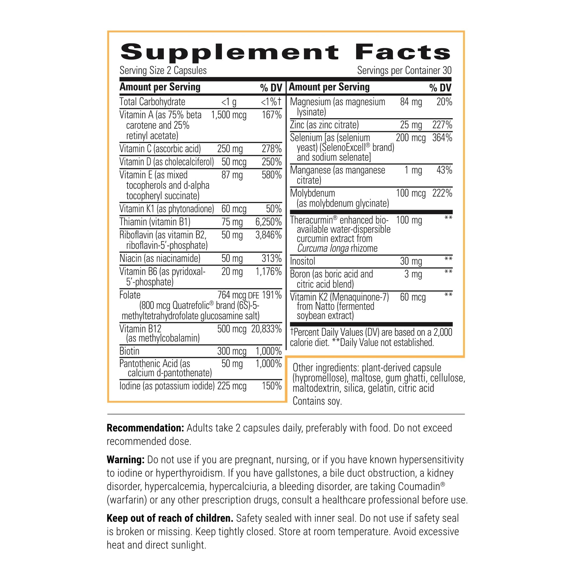 Tabla de ingredientes multivitamina Integrative