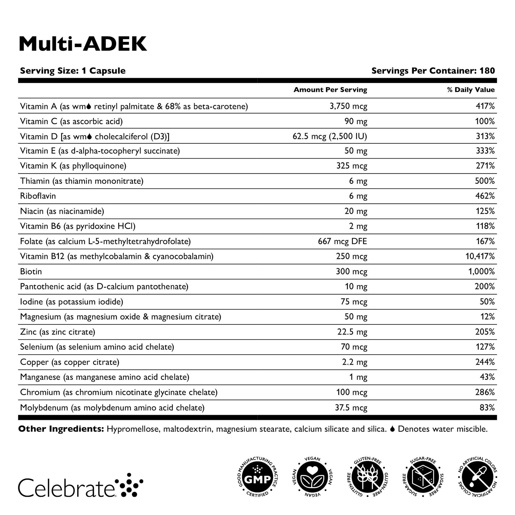 Tabla de ingredientes del multivitamínico ADEK