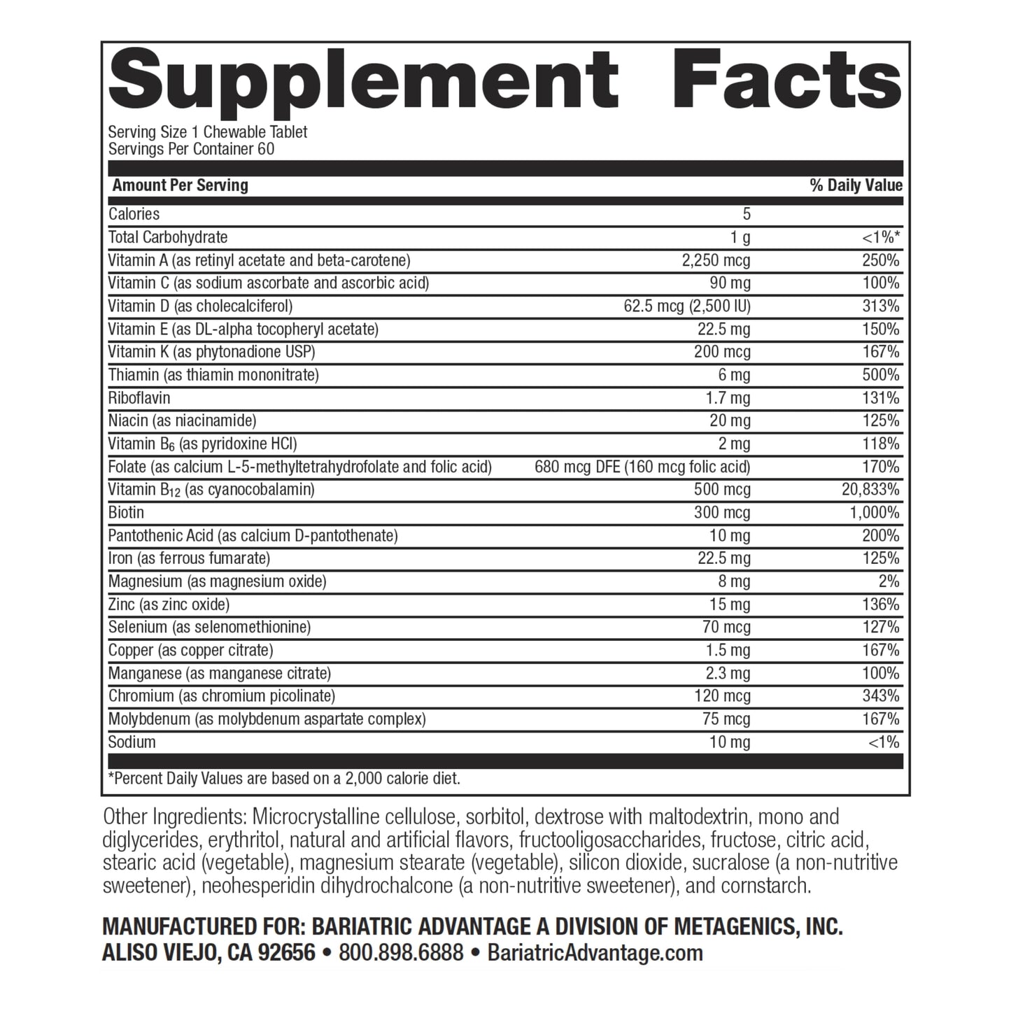 Tabla de ingredientes del multivitamínico Bariatric ADEK