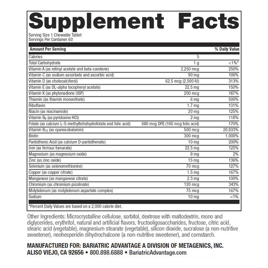 Tabla de ingredientes del multivitamínico Bariatric ADEK