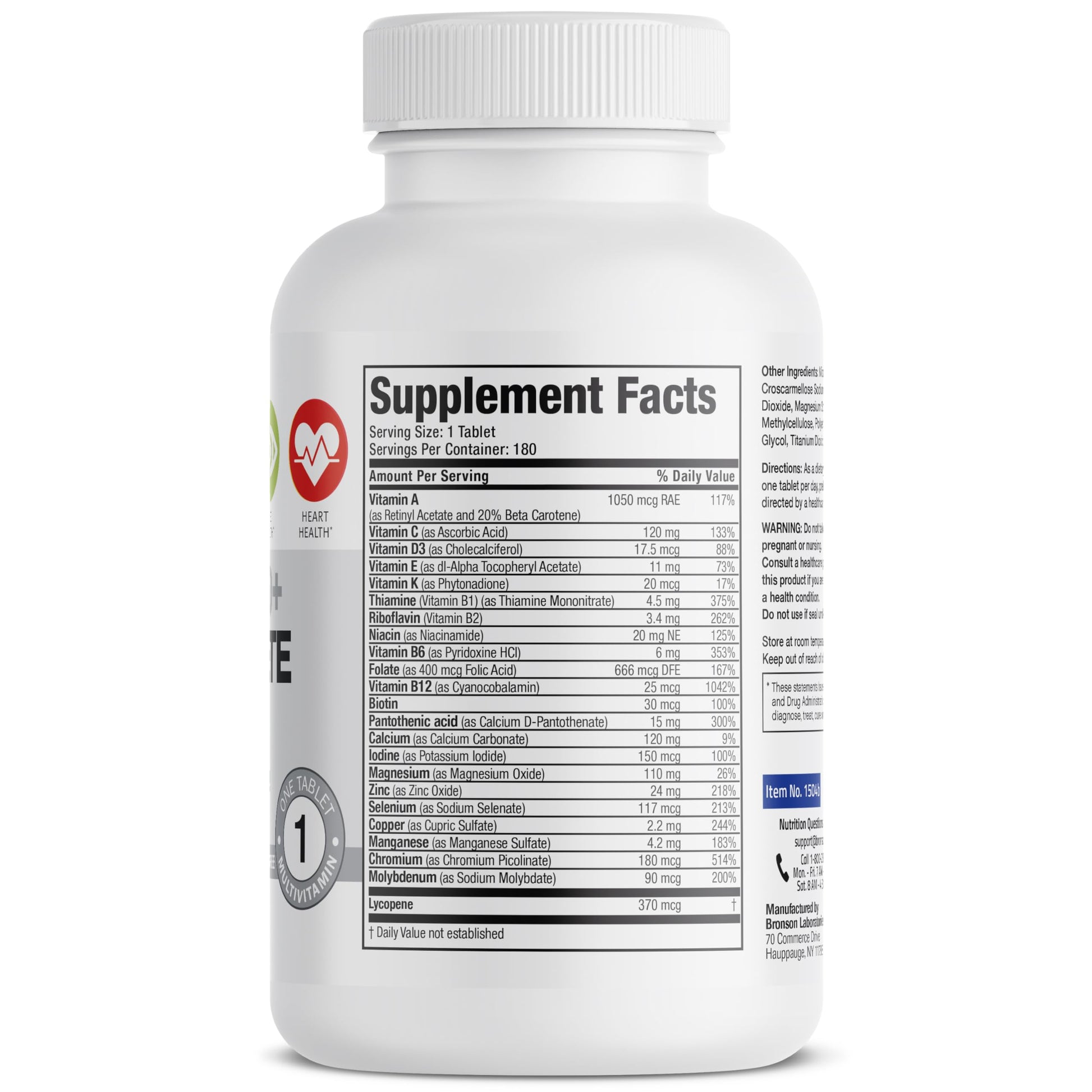 Tabla de ingredientes del multivitamínico Bronson ONE 50+