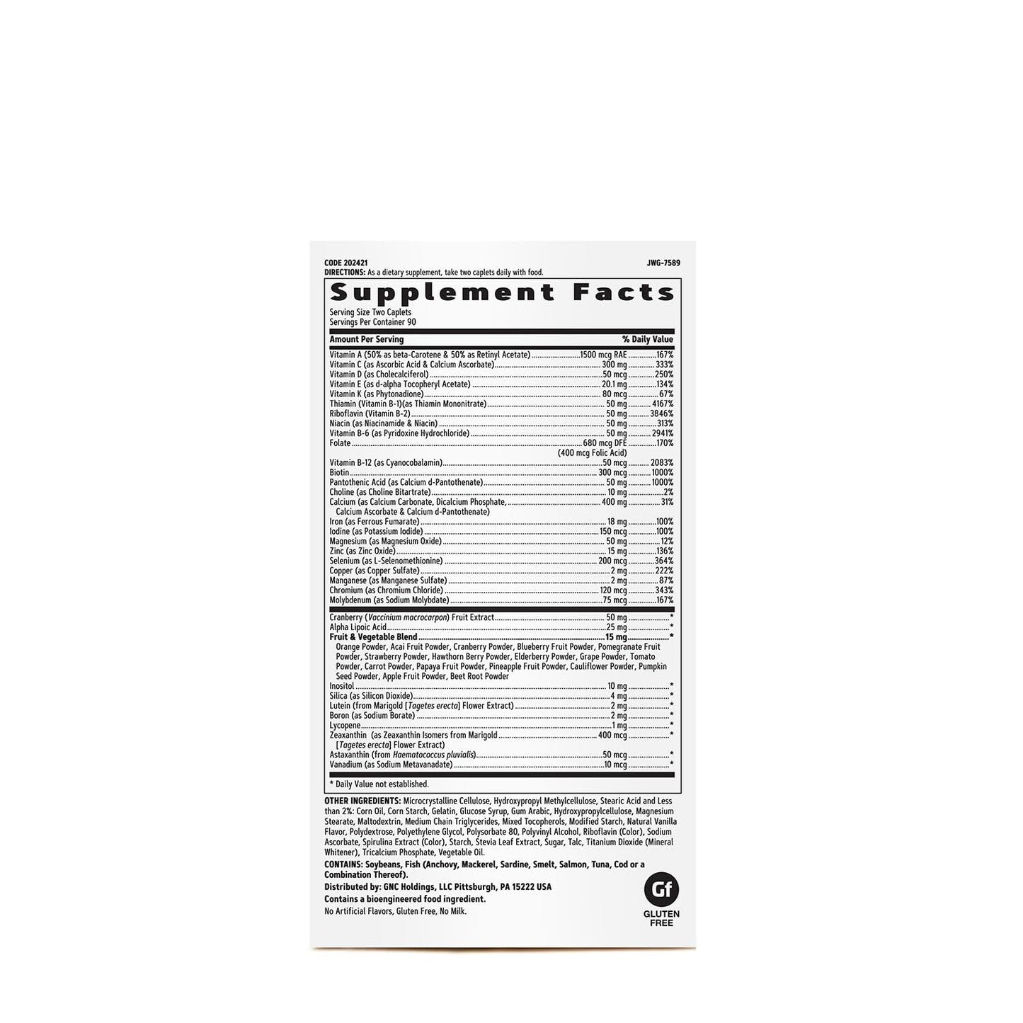 Tabla de ingredientes del multivitamínico GNC para mujeres
