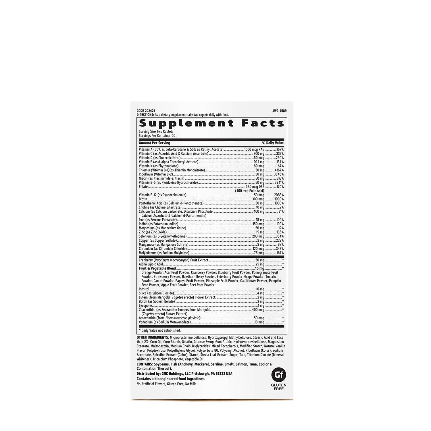 Tabla de ingredientes del multivitamínico GNC para mujeres