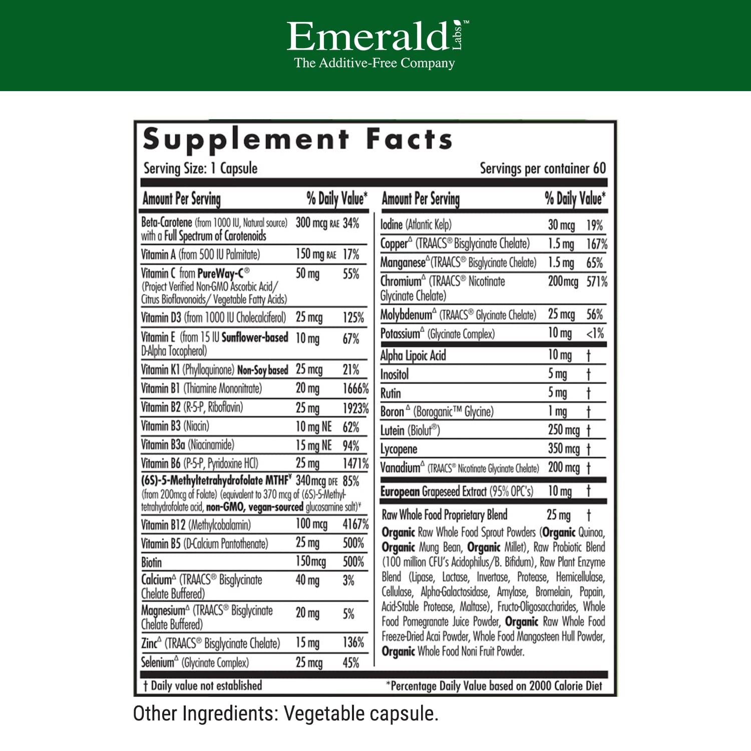 Tabla de ingredientes del multivitamínico para hombres de EMERALD LABS