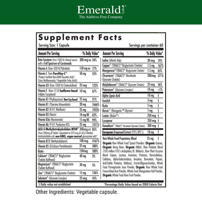Tabla de ingredientes del multivitamínico para hombres de EMERALD LABS