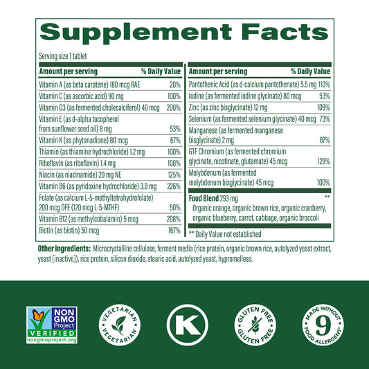 Tabla de ingredientes del multivitamínico MegaFood