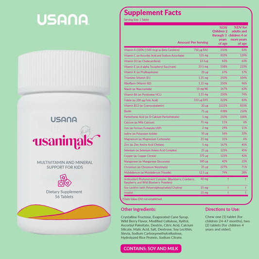 Tabla de ingredientes del multivitamínico Usanimals para niños.