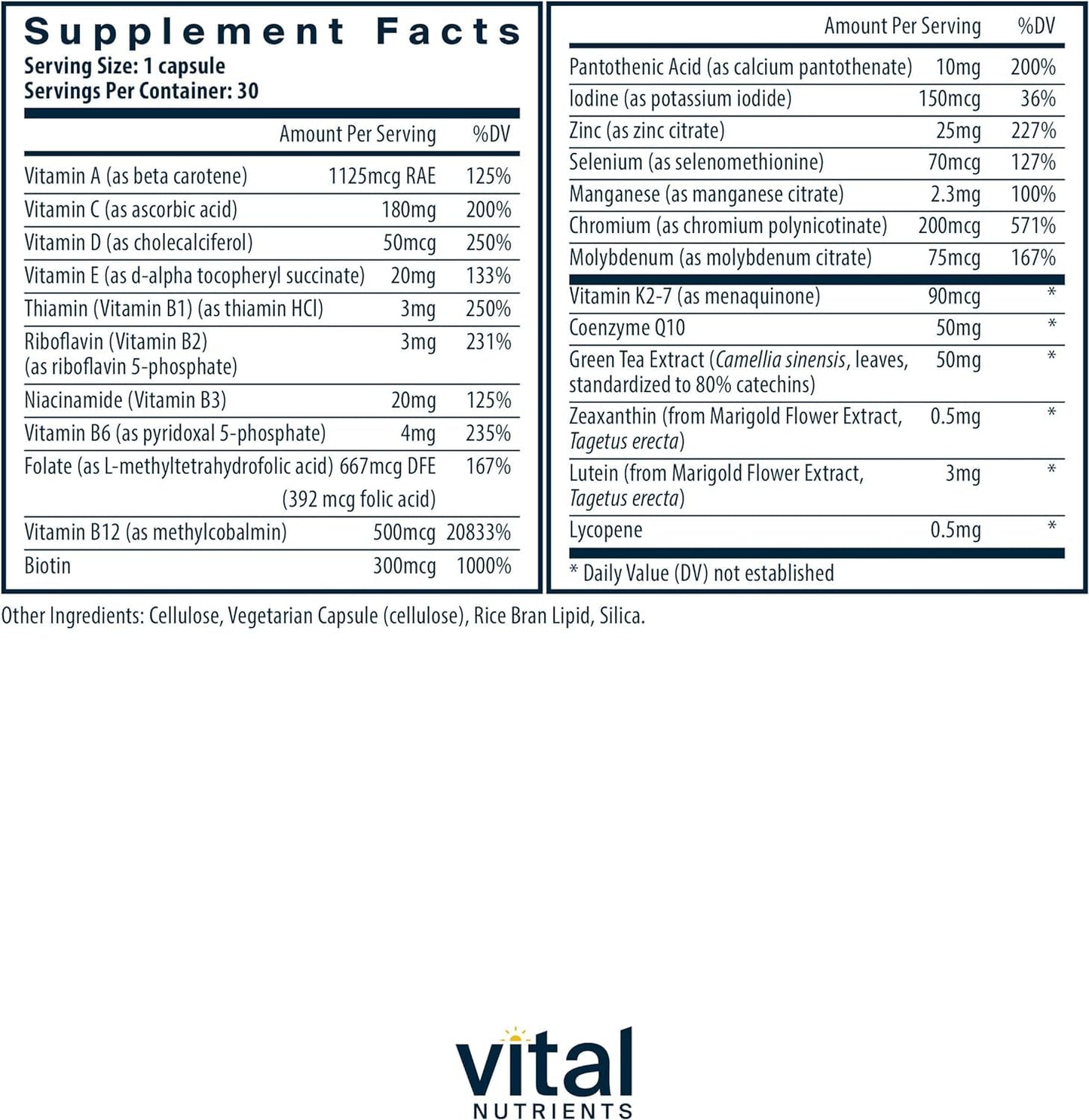 Tabla de ingredientes del multivitamínico vegano de Vital Nutrients.