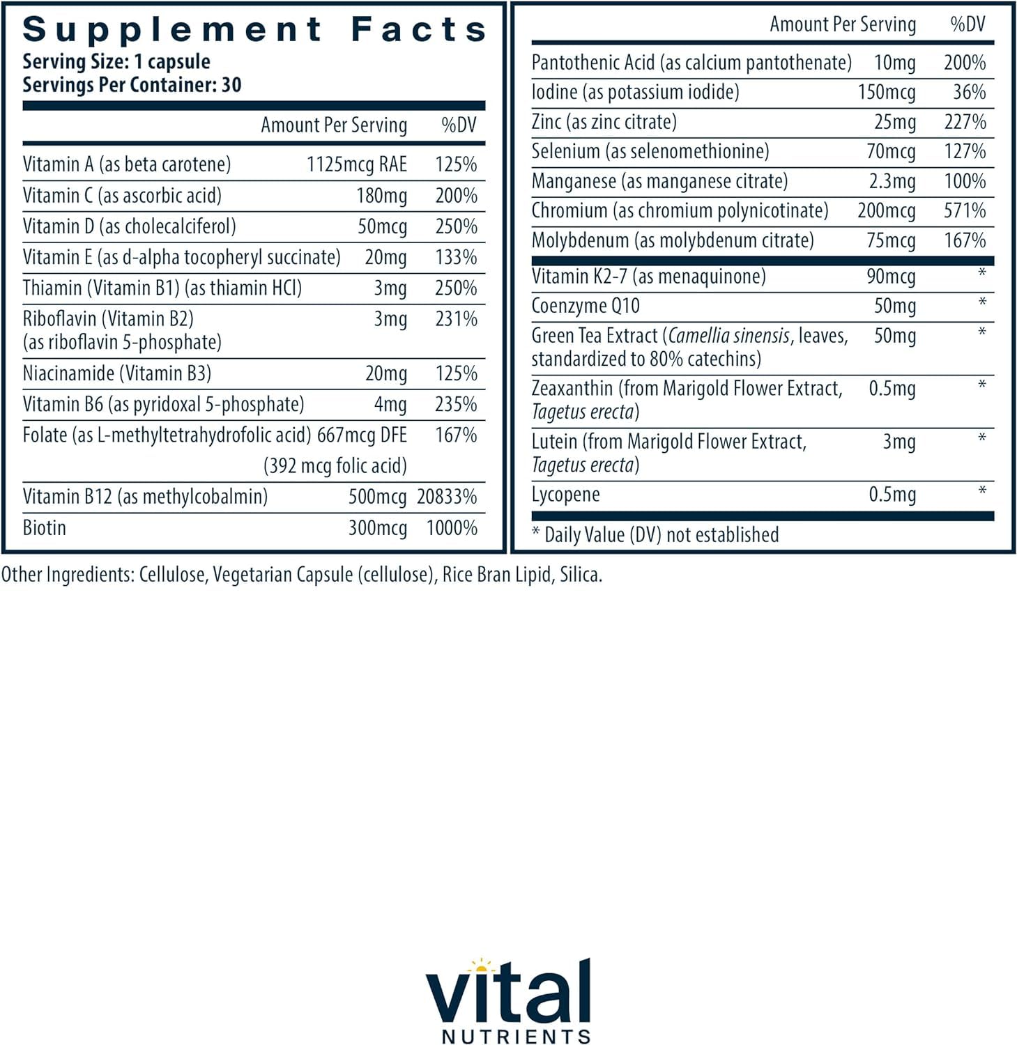 Tabla de ingredientes del multivitamínico vegano de Vital Nutrients.