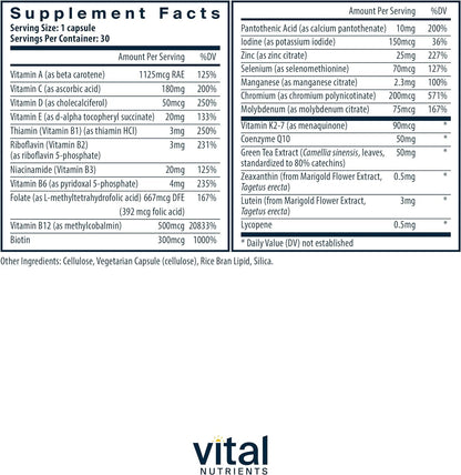 Tabla de ingredientes del multivitamínico vegano de Vital Nutrients.